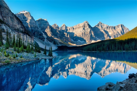 Mountain range reflected in a still alpine lake at dawn